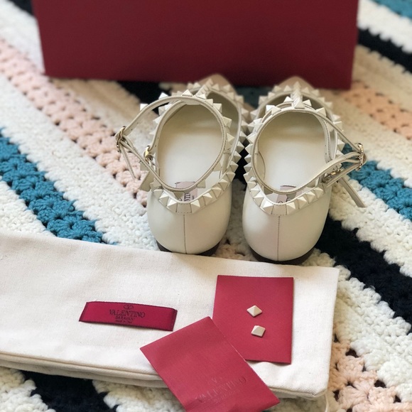 Valentino Rockstud White Matte Leather Caged Flats - Picture 2 of 8